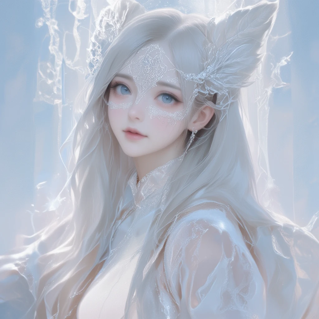 A super detailed, hyper-realistic surreal image of an ethereal East-Asian woman with long, flowing white hair, wearing an intricately designed white mask adorned with delicate feather-like elements. Her pale skin and light blue eyes give her an otherworldly appearance, creating a sense of purity and mystery. The soft lighting enhances the translucent quality of her robe, which flows gently around her. The minimal background, with soft pastel tones, keeps the focus on her serene and enigmatic expression. The overall composition blends elegance with a dreamlike, almost celestial aura.