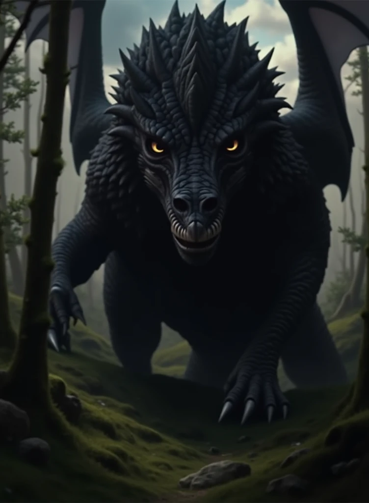 anthropomorphic furred dragon, forest, high resoultion, realistic, 4k, upscales, high detail, realistic fur, fluffy, shaggy, delicate fur, green eyes, thin cock, hyper balls, saggy balls, presenting penis, standing, long thick tail, digitigrade paws, bedroom eyes, smug look, detailed eyes, white sclera, perfect pupil, peeking at viewer, big eyes, precum dripping from cock, black fur, black body, furry balls, fur tuft on balls, dragon wings, dragon face, furry chest, furry arms, furry legs, leaning forward, face up close, hand reaching towards viewer