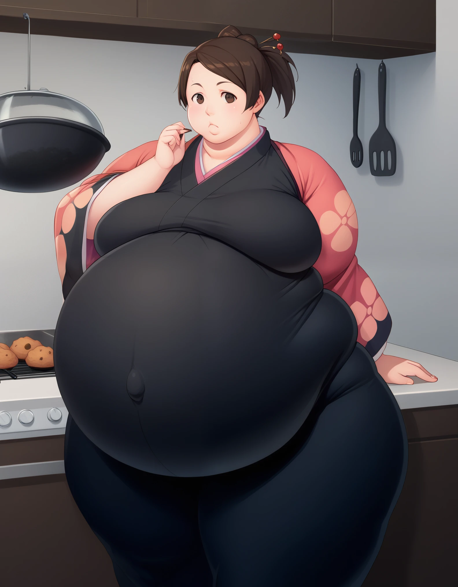 score_9, score_8, score_7, source_anime,
fuu, kimono, hair ornament, hair stick, ponytail,
1girl, kitchen, cooking, confused,extremely obese, (obese belly):1.7, (obese legs):1.5, fat rolls, SSBBW Adeline body,(thicc:0.5), (WeightImmobile:1.3), (obese:1.2) (round face:1.3), huge belly, wide hips,muffin top, pudgy, Big Baby Bump pregnant, Big boobs, Big pregnant Belly, Big Pregnant girl, Largest Belly of Pregnant, Huge Pregnancy, Huge 9 months Pregnancy Belly, huge belly expansion, huge belly girl, morbid obesity,800lbs,enormous fat belly, rolls of fat, fat thighs, Massively Bloated Abdomen, ridiculously large spherical Belly, oversized spherical stomach, ridiculously oversized pregnant belly, huge stomach