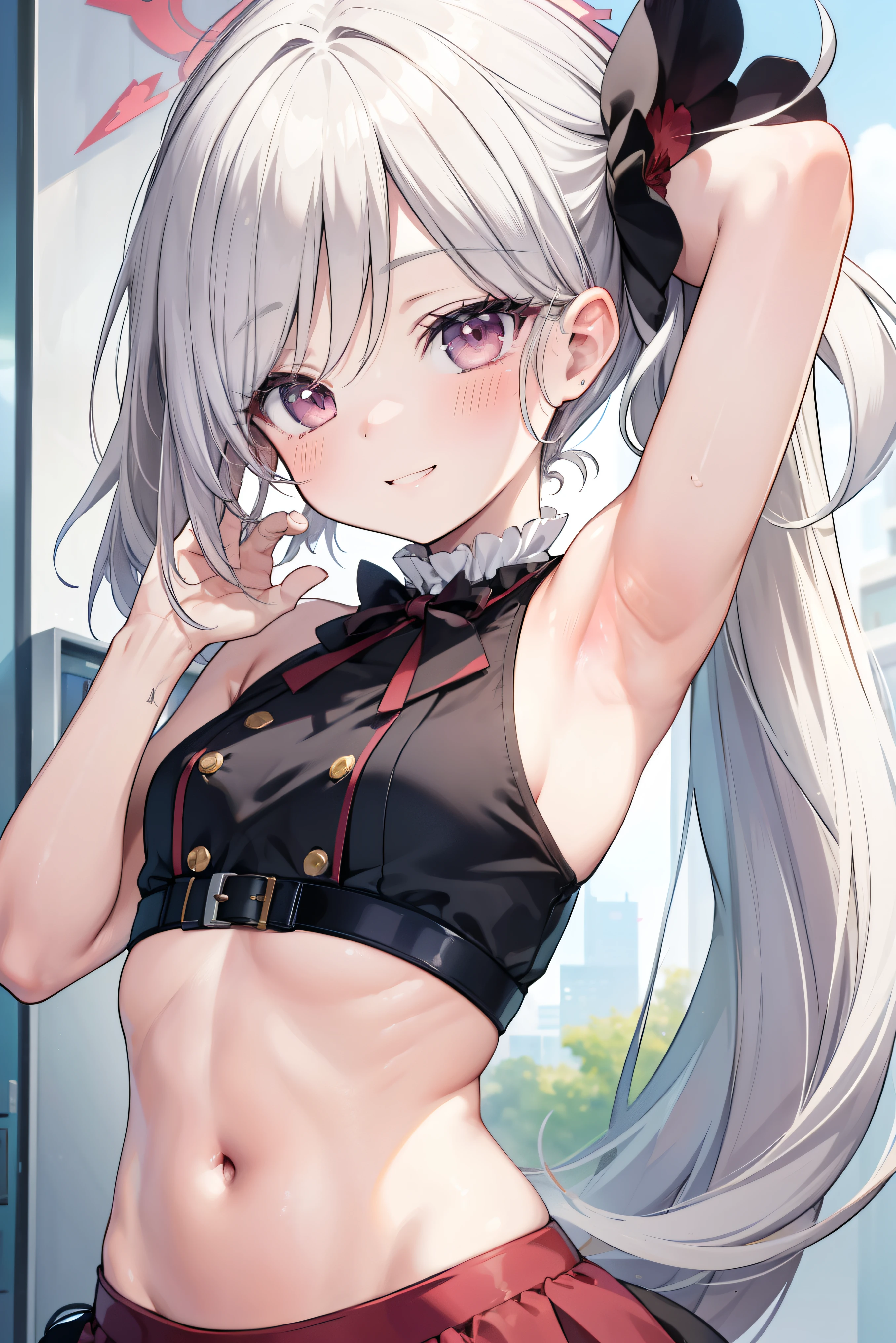 Asahi Mutsuki、 Cool girl (,  perfect face), independent ,  looking at camera, masterpiece,  anime art style,  in plain clothes,  most detailed,  High Quality 、Smiling face、 armpits、  silver hair、 Side Ponytail 、 small breasts、