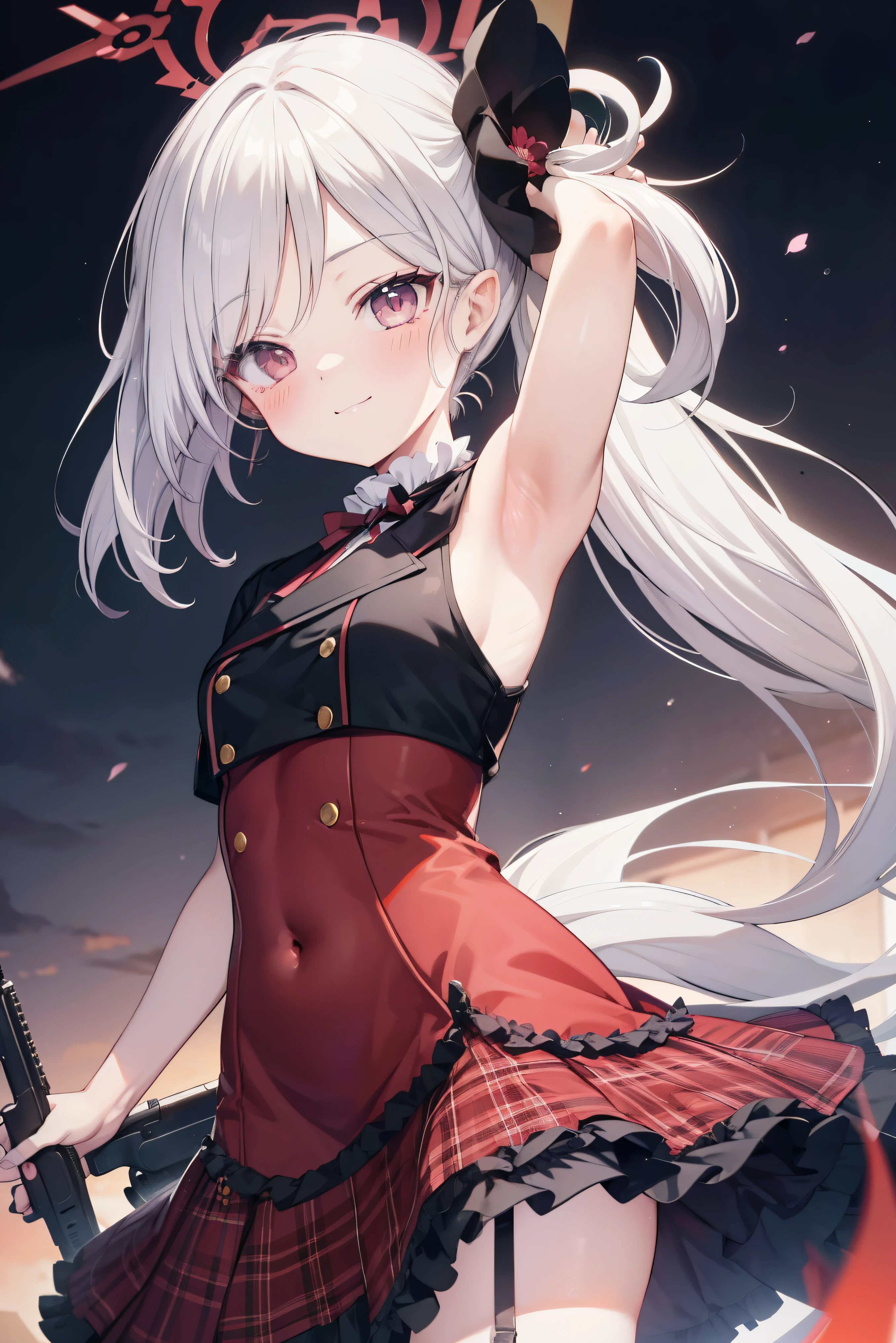 Asahi Mutsuki、 Cool girl (,  perfect face), independent ,  looking at camera, masterpiece,  anime art style,  in plain clothes,  most detailed,  High Quality 、Smiling face、 armpits、  silver hair、 Side Ponytail 、 small breasts、、 Combat Uniforms、gunを持っている、gun