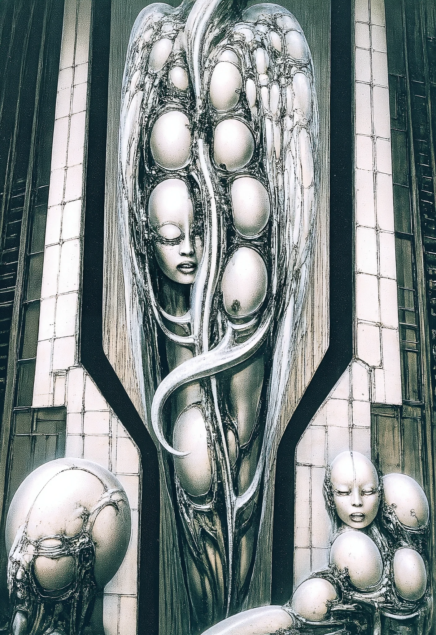 H. R. Giger's g1g3r, , Giger_style, H. R. Giger's g1g3r, , Giger_style, The image is a detailed view of H.R. Giger's \" Aleph (work 210) \" plate, featuring   vault , a surrealistic depiction digital artwork featuring  The image depicts a futuristic cityscape with tall, intricate, ivorish structures and sculptures., with a human-like figure in the foreground. By giger in gigeresqe style  a prominent presence of the alien figure, which appears to be an extraterrestrial. By giger in gigeresqe style  (best quality:1.4), anatomically correct limbs, (Triadic:1.1), (Proportion:1.1),  , (Reflected light:1.2), Parchment, ultra detailed, intricate,, dry b (best quality:1.4), H.R. GIGER,  BY GIGER