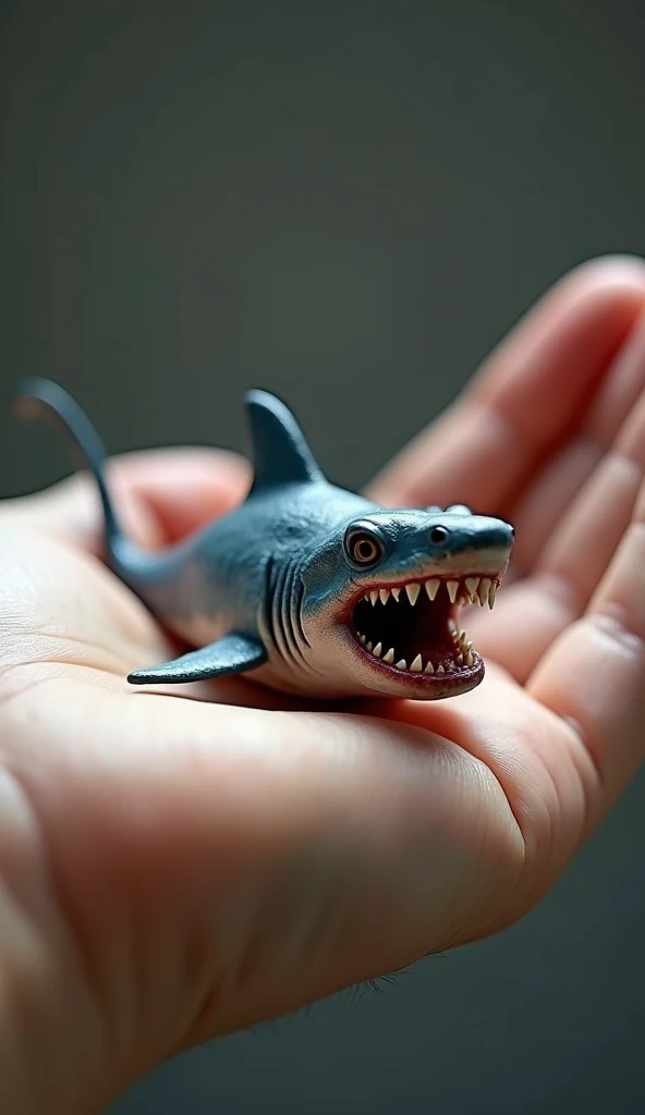 photorrealistic, 64k, tiny baby fat [shark] perched on human female perfect fingers