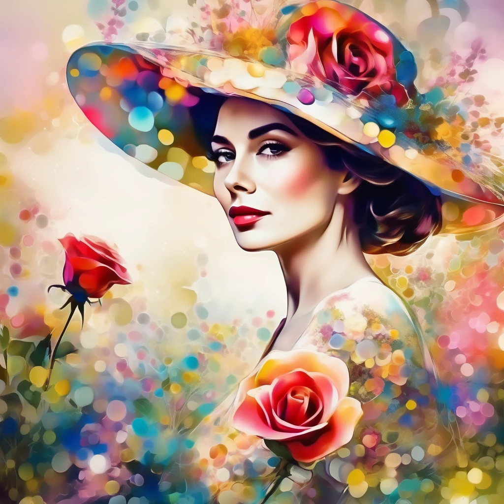 illstyle, (bokeh effect), beautiful lithograph, abstract illustration, one woman in a wide-brimmed hat with one small rose decoration, shoulder-to-head pose, flowered garden background, masterpiece