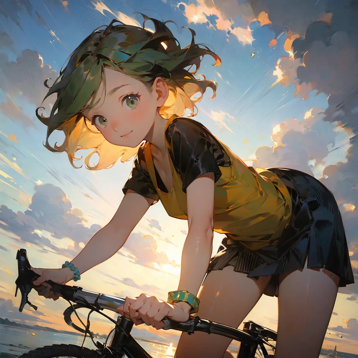 masterpiece,  High Quality , ***1 person, alone,  Kind Face ,Oblique eyes,,active,  LOW ANGLE  ,   black skirt  , orange tank top over black short sleeve shirt,Green Hair,  short hair , no bangs ,bicycle,Outdoor,  Bracelets,Green Hair,Short sleeve,green hair like mugwort 