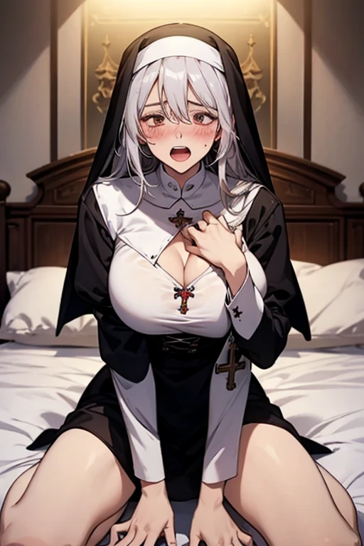 Mature Woman,((looking eachother:1.3)),(( boy touches woman's Crotch:1.3)),((boy Sitting)),(White hair,red eyes), wearing White shirt:1.1,gold decoration, (latex clothes:0.8),(at church),Cat ear,(embarrassed,blush:1.3),(orgasm:1.3),(ecstasy:1.1) ,(fucked silly:1.0),(Wet:1.2),(trembling),(tears) ,((long robe)),(huge breasts:1.0),((steam:1.2)),Masterpiece, Top Quality, Highly Detailed, Dynamic Angle, ((Perfect Hands)), amazing backgrounds, meaningful backgrounds, absurd backgrounds, artistic overlays, and colorful hair. The style is surrealism, cinematic lighting, ray tracing, divine light,(nun),sideboob,(open legs:1.3),From below、tight panty