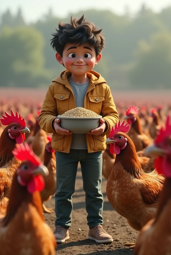 a chicken coop, a flock of angry chickens, a boy playing with chickens, detailed chicken feathers, realistic 3d render, photorealistic, cinematic lighting, volumetric fog, detailed background, vibrant colors