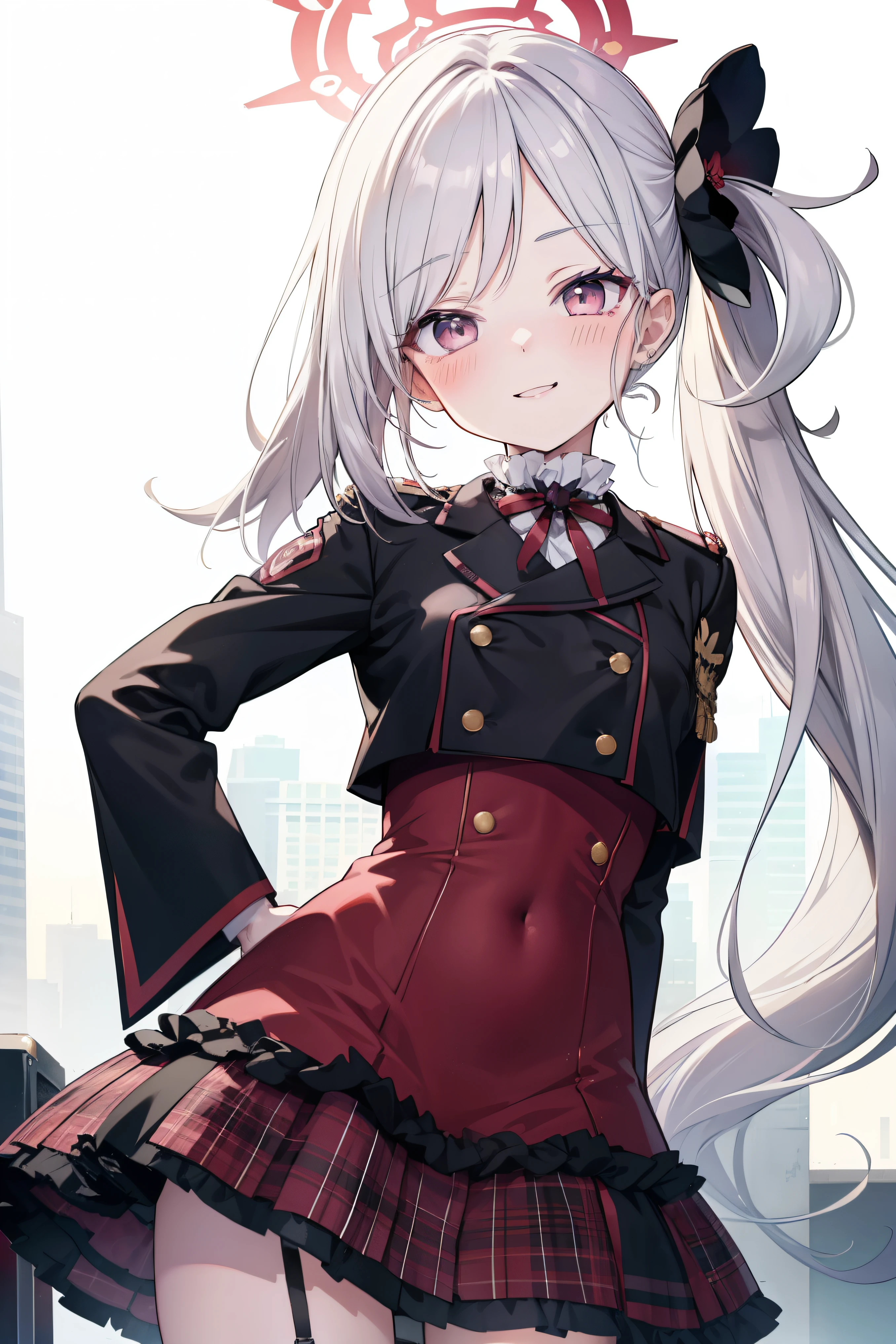 Asahi Mutsuki、 Cool girl (,  perfect face), independent ,  looking at camera, masterpiece,  anime art style,  in plain clothes,  most detailed,  High Quality 、Smiling face、 armpits、  silver hair、 Side Ponytail 、 small breasts、、 Combat Uniforms、gunを持っている、gun