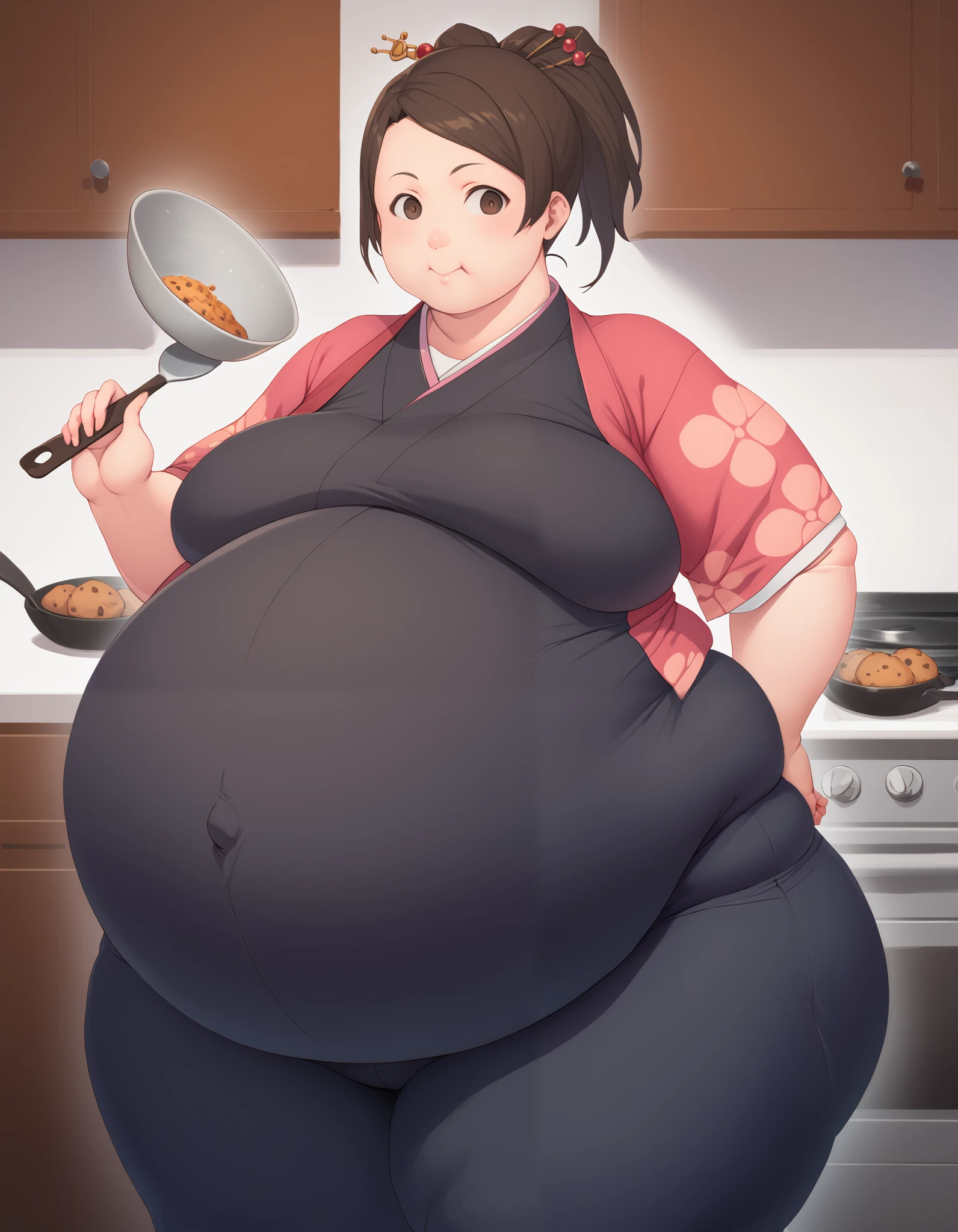 score_9, score_8, score_7, source_anime,
fuu, kimono, hair ornament, hair stick, ponytail,
1girl, kitchen, cooking, confused,extremely obese, (obese belly):1.7, (obese legs):1.5, fat rolls, SSBBW Adeline body,(thicc:0.5), (WeightImmobile:1.3), (obese:1.2) (round face:1.3), huge belly, wide hips,muffin top, pudgy, Big Baby Bump pregnant, Big boobs, Big pregnant Belly, Big Pregnant girl, Largest Belly of Pregnant, Huge Pregnancy, Huge 9 months Pregnancy Belly, huge belly expansion, huge belly girl, morbid obesity,800lbs,enormous fat belly, rolls of fat, fat thighs, Massively Bloated Abdomen, ridiculously large spherical Belly, oversized spherical stomach, ridiculously oversized pregnant belly, huge stomach