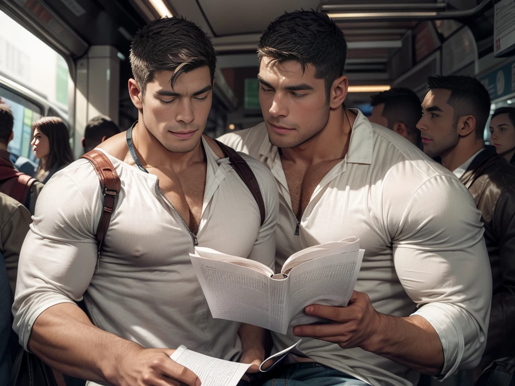 A hunk handsome man standed at metro readin a book, him have simple smile, wide soulders and slim waist, long legs, large chest, the standed man is wearing white social shirt and jeans with oppened zipper, bulge, the passengers are obsessed and surprised with his oppened bulge on jeans, inside metro.