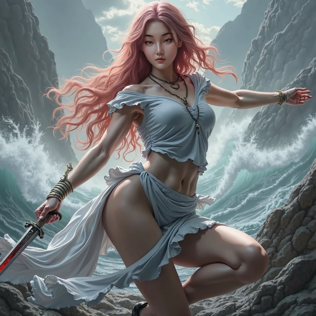2lady, Kneel down, Back，Stretch your legs，foot，foot趾，Red Hair，Sexy，Nude Jersey, Holding a long sword，Side breast, Sexy的大腿，大wave发，Holding a spear，The fox is nearby，Delicate face, black eyes, A faint smile, become a, Large Breasts, Moonlit sky,Sky background at night，Ocean，wave，Rose