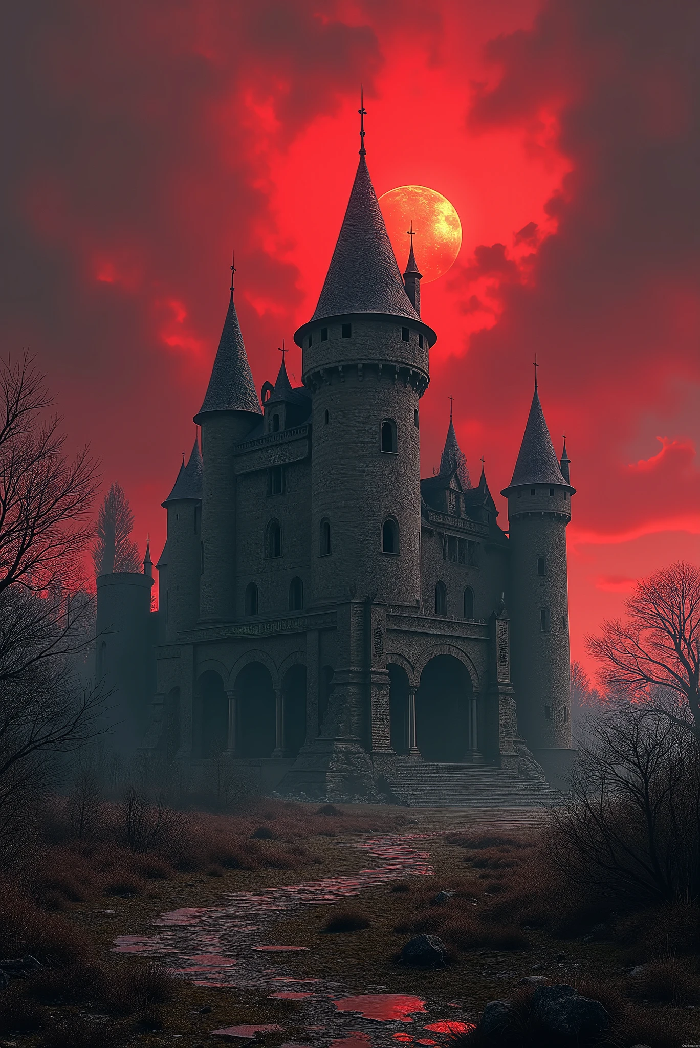 (ultra detailed), (ultra realistic), RAW photo, photorealistic, 8k, high res,lora:add_detail:0.8>, ( dark and gloomy) ,Blood red moon in background, dark thick fog, heavy rain, puddles of blood, lightning and fire, blood rain, clouds shaped like broken hearts, old decrepit castle , background corpses scattered on the ground, background evil souls rising from the ground,