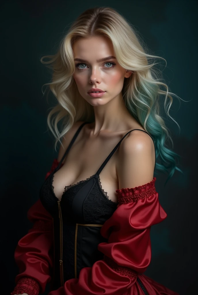 Generate a (hyperdetailed, realistic, Full Body), photo of Nia, (((turquoise color eyes))), (((long, silky, straight, Ombre blend of shimmering silver and celestial blue hair))), (((Position Nia with her long, silky hair styled in Hair parted down the middle with sleek, straight strands falling evenly on both sides hairstyle, strands framing her face delicately))), (fair skin:1.4), (((Massive round natural breasts with deep cleavage))), (Massive round natural Breasts:1.8), (Greek and Russian mix ethnicity), (hourglass figure, perfect body, NSFW, perfect anatomy, masterpiece, best quality).(((She is wearing a Sexy DARK BLACK lace mesh bodysuit lingerie, the soft fabric complementing her curves.))) Nia stands with her back arched and hands running through her hair, creating an elongated and elegant pose. An alluring, intense look with her eyes closed and lips slightly parted, conveying a sense of bliss. The lighting should highlight the arch of her back and the lace details of the bodysuit, casting dramatic shadows on the wall. She wears Pearl earrings and a gold necklace with delicate round gold locket. She is wearing a Sexy DARK BLACK lace mesh bodysuit lingerie. Soft, warm spotlight to create depth and shadows, accentuating Nia's figure and the texture of the brick wall. Softbox lights with diffusers for subtle, even illumination, reducing harsh shadows. She is wearing a Sexy DARK BLACK lace mesh bodysuit lingerie. 8k, (Fit, Athletic, Tall), (Massive Breasts), (Highly detailed facial and skin texture), (Best quality, ultra detailed, Golden ratio, Masterpiece:1.2), (Theatrical lighting:0.7, Perfect rare face), (Highly detailed skin), skin texture, Pale skin, shiny skin, (thin, large size:1.2), [:(Sharp focus on rare face, perfect eyes:1.2):0.2], hyperdetailed photography, UHD, realistic skin texture, shot with Canon EOS 5D Mark IV and Canon EF 50mm f/1.4 USM lens, highly detailed.
