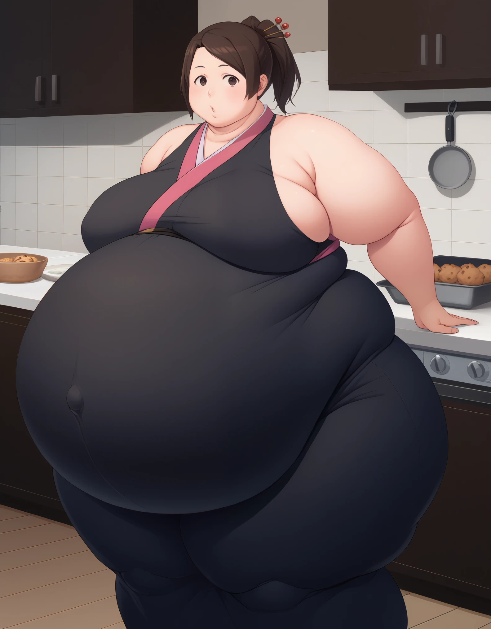 score_9, score_8, score_7, source_anime,
fuu, kimono, hair ornament, hair stick, ponytail,
1girl, kitchen, cooking, confused,extremely obese, (obese belly):1.7, (obese legs):1.5, fat rolls, SSBBW Adeline body,(thicc:0.5), (WeightImmobile:1.3), (obese:1.2) (round face:1.3), huge belly, wide hips,muffin top, pudgy, Big Baby Bump pregnant, Big boobs, Big pregnant Belly, Big Pregnant girl, Largest Belly of Pregnant, Huge Pregnancy, Huge 9 months Pregnancy Belly, huge belly expansion, huge belly girl, morbid obesity,800lbs,enormous fat belly, rolls of fat, fat thighs, Massively Bloated Abdomen, ridiculously large spherical Belly, oversized spherical stomach, ridiculously oversized pregnant belly, huge stomach