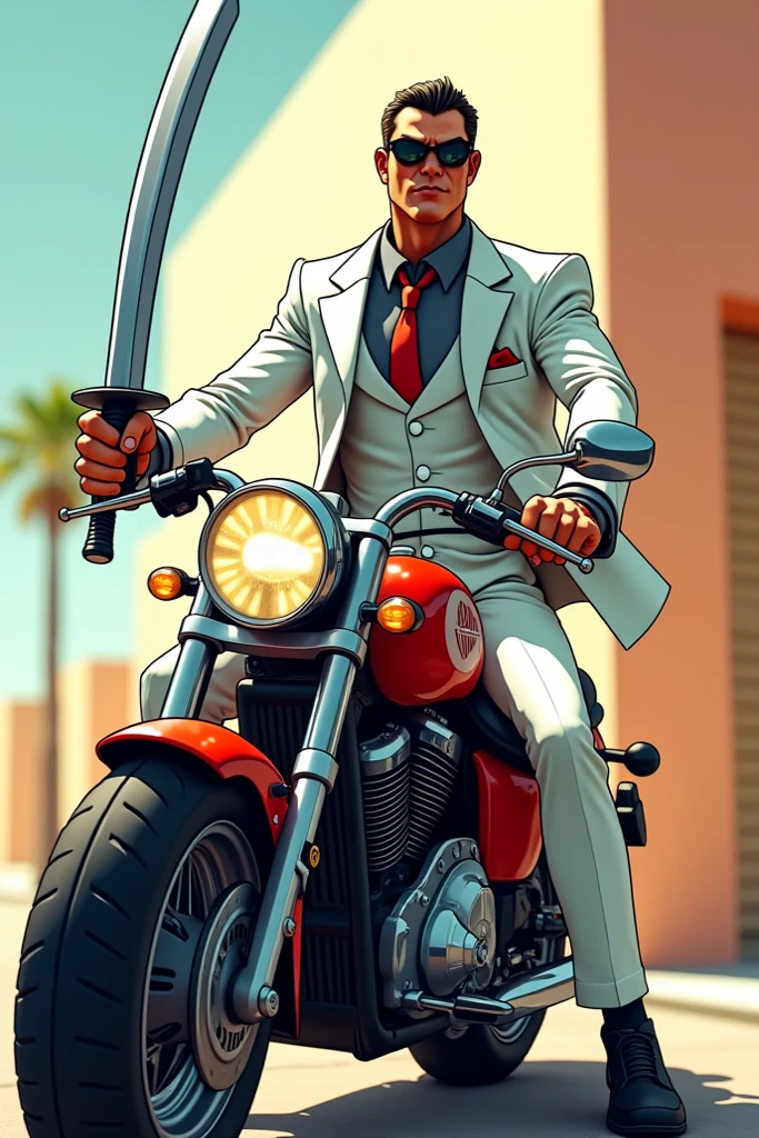 Cartoon men, and he have a sword in his hand and his sitting on the motorcycle then he's wearing a white suit then he's wearing a mask then it's only half a picture