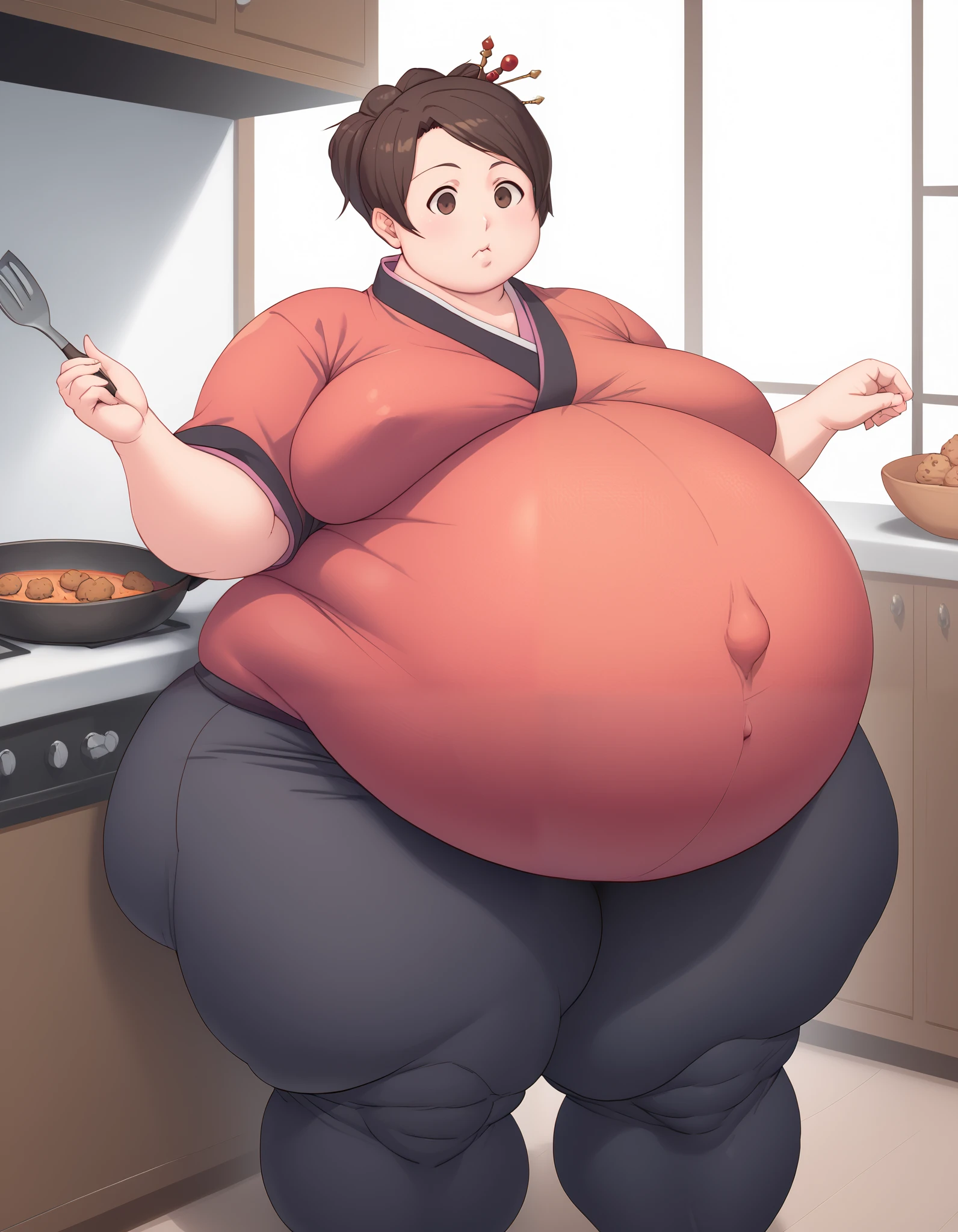 score_9, score_8, score_7, source_anime,
fuu, kimono, hair ornament, hair stick, ponytail,
1girl, kitchen, cooking, confused,extremely obese, (obese belly):1.7, (obese legs):1.5, fat rolls, SSBBW Adeline body,(thicc:0.5), (WeightImmobile:1.3), (obese:1.2) (round face:1.3), huge belly, wide hips,muffin top, pudgy, Big Baby Bump pregnant, Big boobs, Big pregnant Belly, Big Pregnant girl, Largest Belly of Pregnant, Huge Pregnancy, Huge 9 months Pregnancy Belly, huge belly expansion, huge belly girl, morbid obesity,800lbs,enormous fat belly, rolls of fat, fat thighs, Massively Bloated Abdomen, ridiculously large spherical Belly, oversized spherical stomach, ridiculously oversized pregnant belly, huge stomach