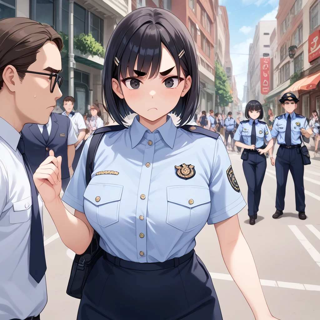 (best quality),(high resolution),nsfw,crowded street,pov,from front,zoom out,1 girl,police uniform,clothed,petite frame and large breasts,black hair and bob cut,black eyes and Thick eyebrows,scowl and shocked,(girl is Both hands are handcuffed)