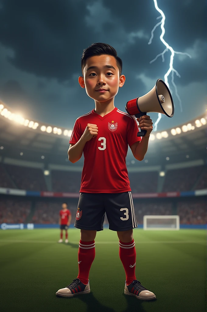 A cute little boy was especially happy to holding flag, red sleeves, white shorts, full body, red shoes