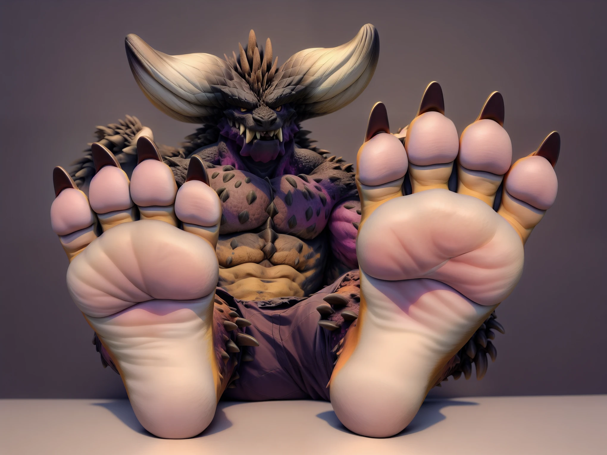 e621, species:nergigante, anthro, male, sitting, spreading legs, feet, big feet, 3 toes, 3 big toes, soles, big soles, foot focus, padded soles, padded arches, long claws,