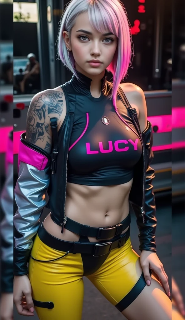 "Ultra high resolution, UHD, Ultra-detailed, hyper-realistic skin texture, high-quality rendering, Photorealistic portrait ,1Lucy " wearing a graffiti metallic neon piping pattern jacket, with glossy shiny plastic material mesh thigh length boots with neon zippers , nylon shiny yellow hot pants, mesh neon piping sports bra black , with Lucy Text on it 