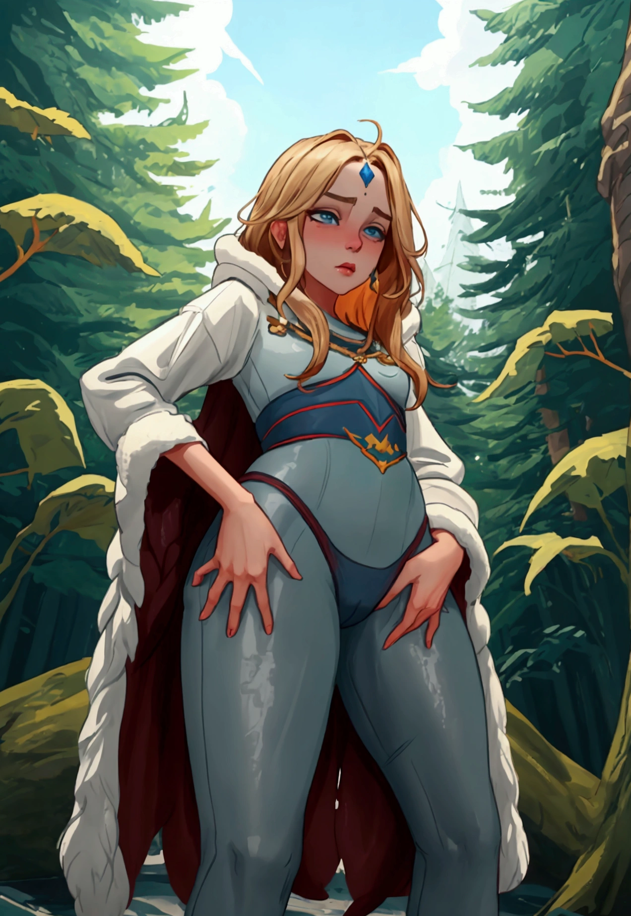 Лучшее качество Rilay from DOTA really wants to pee in the winter forest. She holds on to her crotch with all her strength, but her panties get wet. she is very embarrassed. tries to hold his crotch and avoid eye contact. У неё длинные ноги. Большая круглая  грудь. Full length photo