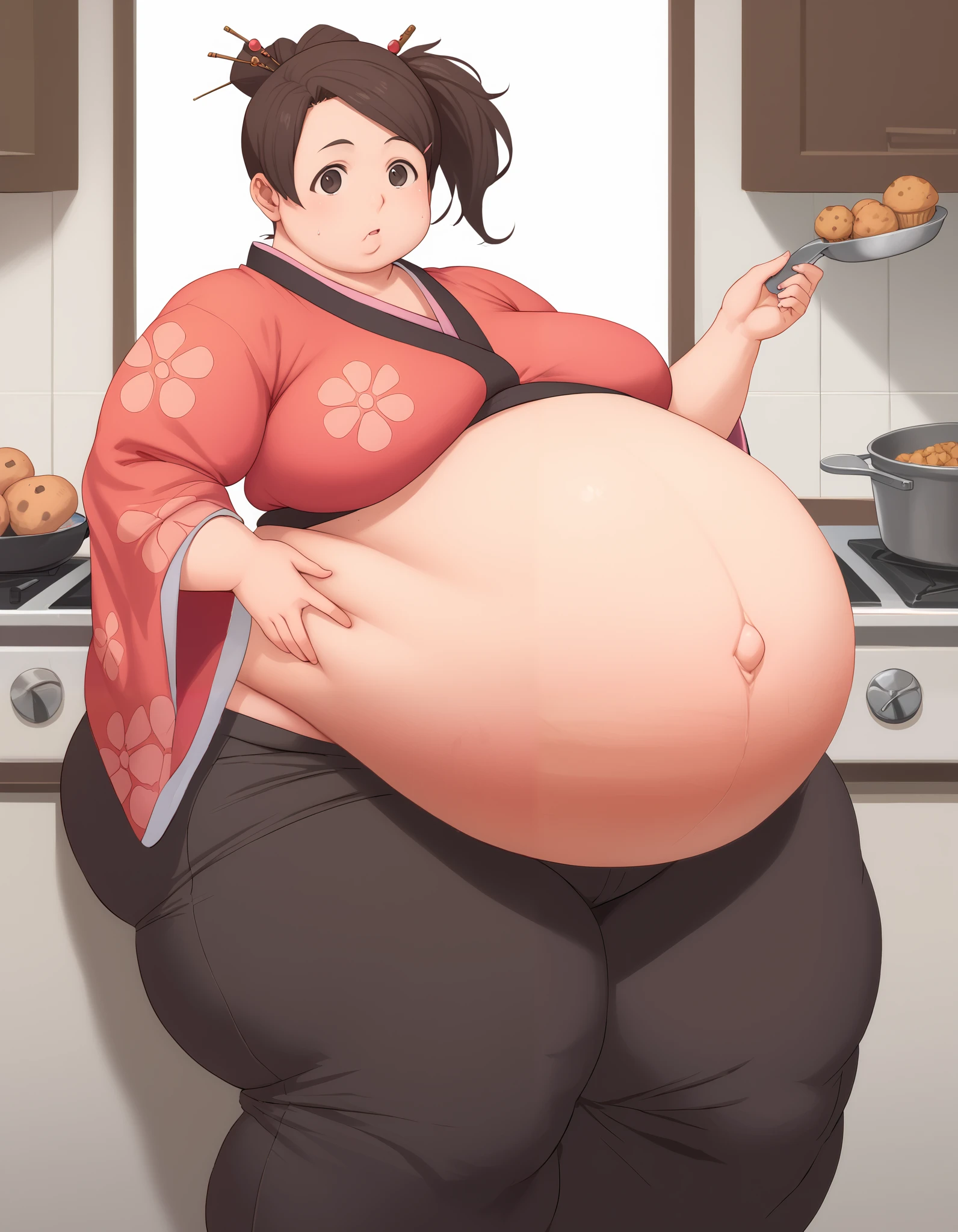 score_9, score_8, score_7, source_anime,
fuu, kimono, hair ornament, hair stick, ponytail,
1girl, kitchen, cooking, confused,extremely obese, (obese belly):1.7, (obese legs):1.5, fat rolls, SSBBW Adeline body,(thicc:0.5), (WeightImmobile:1.3), (obese:1.2) (round face:1.3), huge belly, wide hips,muffin top, pudgy, Big  Bump pregnant, Big boobs, Big pregnant Belly, Big Pregnant girl, Largest Belly of Pregnant, Huge Pregnancy, Huge 9 months Pregnancy Belly, huge belly expansion, huge belly girl, morbid obesity,800lbs,enormous fat belly, rolls of fat, fat thighs, Massively Bloated Abdomen, ridiculously large spherical Belly, oversized spherical stomach, ridiculously oversized pregnant belly, huge stomach