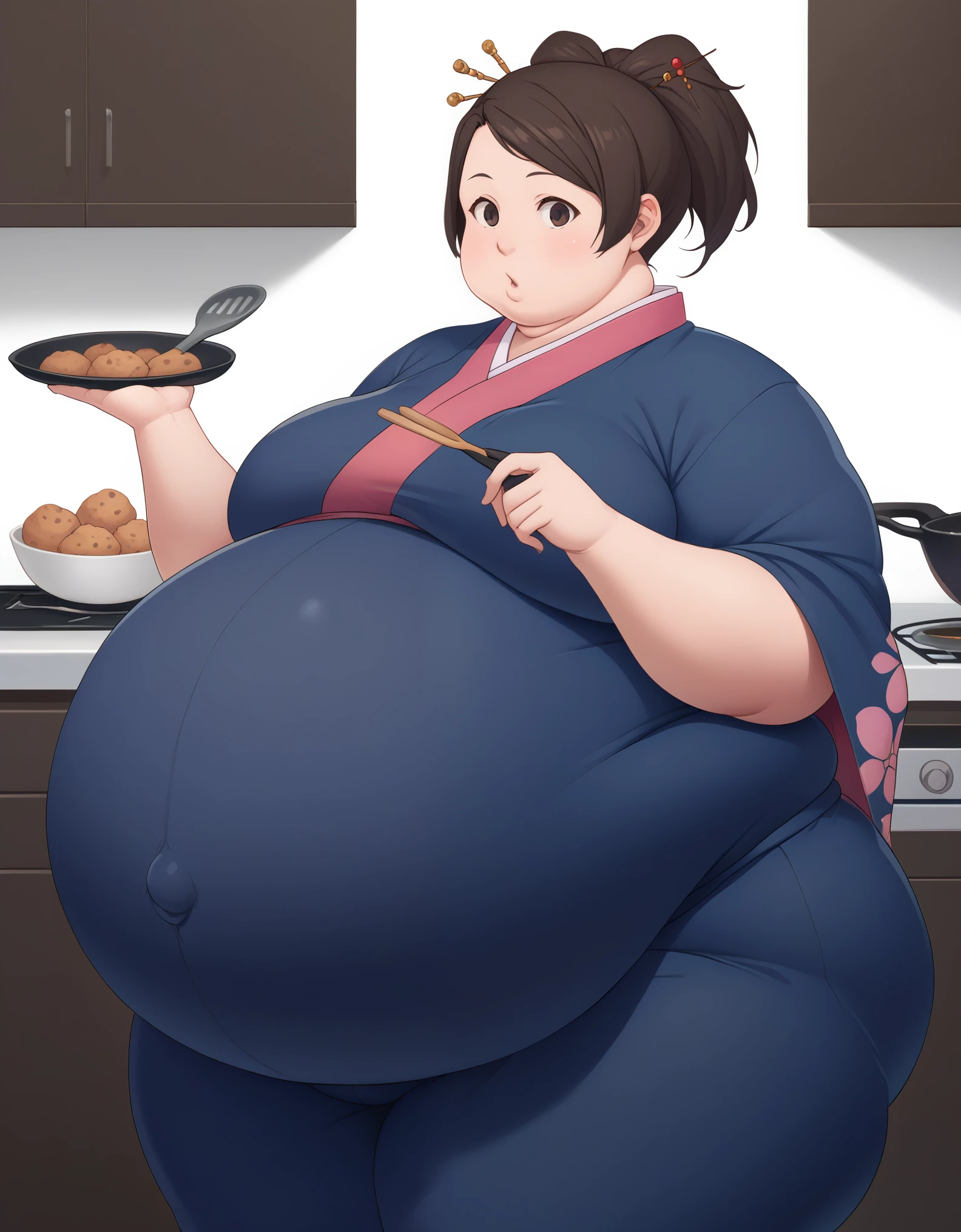 score_9, score_8, score_7, source_anime,
fuu, kimono, hair ornament, hair stick, ponytail,
1girl, kitchen, cooking, confused,extremely obese, (obese belly):1.7, (obese legs):1.5, fat rolls, SSBBW Adeline body,(thicc:0.5), (WeightImmobile:1.3), (obese:1.2) (round face:1.3), huge belly, wide hips,muffin top, pudgy, Big Baby Bump pregnant, Big boobs, Big pregnant Belly, Big Pregnant girl, Largest Belly of Pregnant, Huge Pregnancy, Huge 9 months Pregnancy Belly, huge belly expansion, huge belly girl, morbid obesity,800lbs,enormous fat belly, rolls of fat, fat thighs, Massively Bloated Abdomen, ridiculously large spherical Belly, oversized spherical stomach, ridiculously oversized pregnant belly, huge stomach