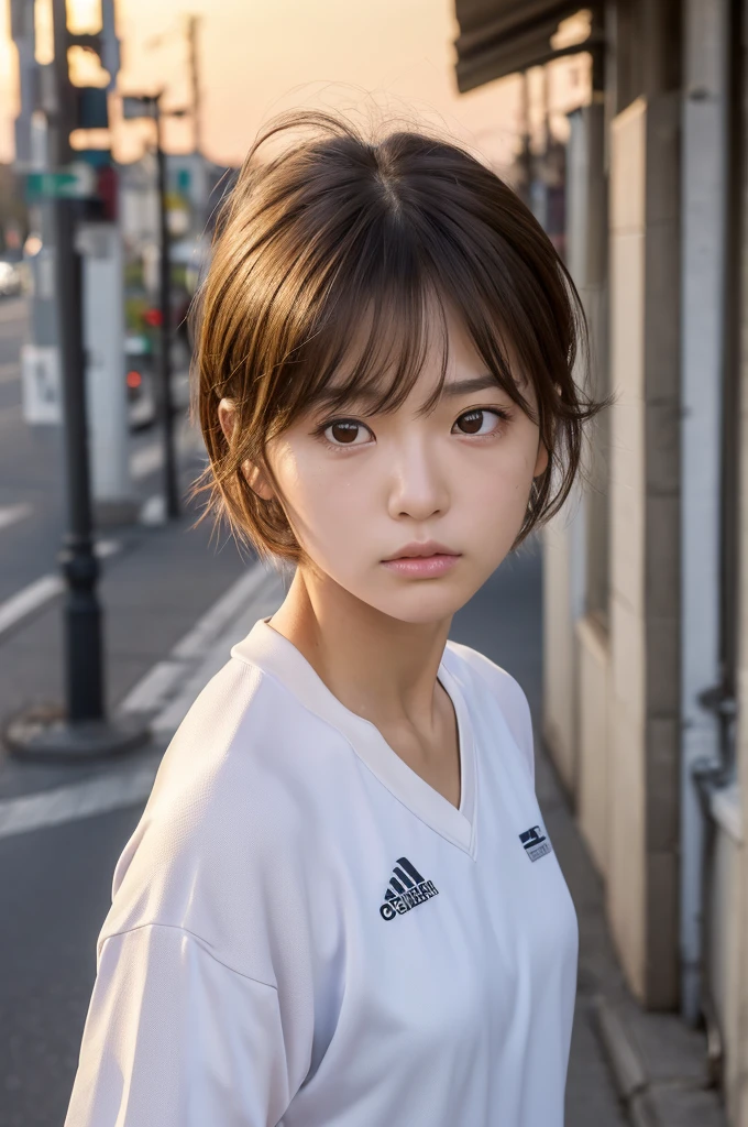 20-year-old female, short hair, Calm tone, Calm colors, (Natural skin texture, Hyperrealism, Soft Light, Edgy), White T-shirt, gender, locker room