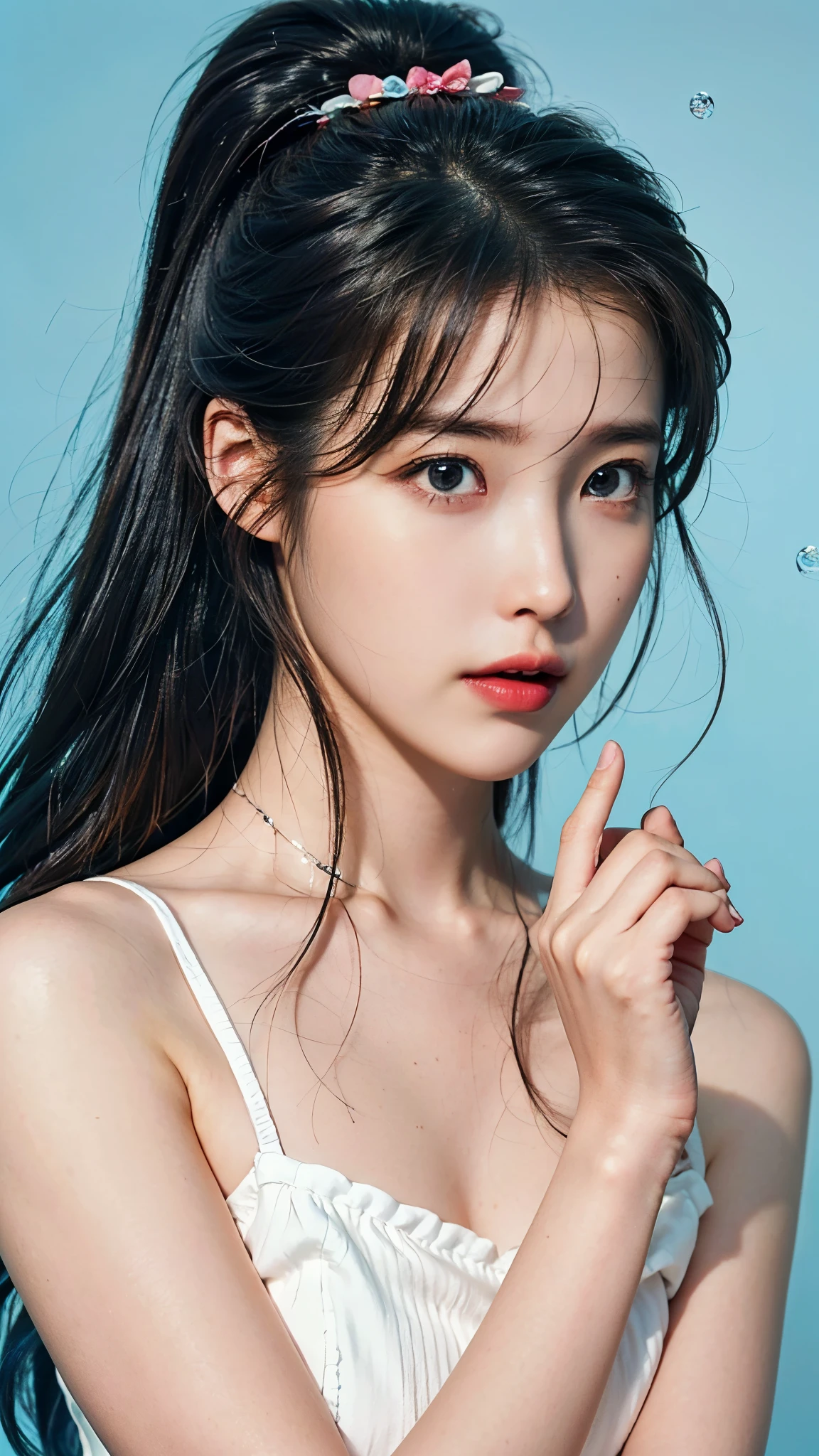 RAW photo of a girl, (masutepiece:1.1), Best Quality, 超A high resolution, detaileds, (Photorealistic:1.4), Face Detail, Detailed eyes, Detailed face, 1girl in, ((Body Portrait)), Underwater interior, White Dress, Wet, Brown hair, Pink lips, Black Choker, (medium breasts:1.1), detailed water, Detailed underwater, Social realism, Image Fill, retinas, canon, 135 mm, awardwinning, in 8K、masterpiece, top-quality, hightquality, hight resolution、Full body
