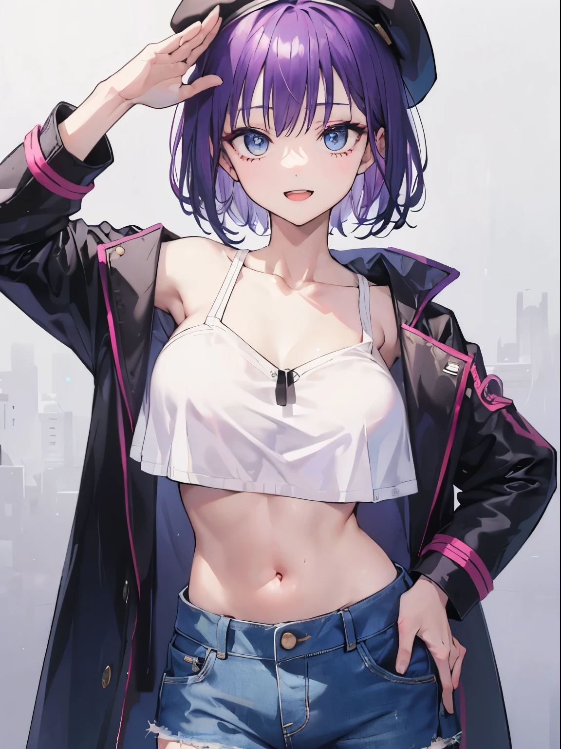 (salute, open mouth, gentle smile), 1 girl, upper body, (facing viewer, looking viewer), standing straight, (blue eyes, ((sanpaku)), (purple hair), straight hair, very short hair, large breast), ((black beret, black coat, white crop top, denim skirt)), collarbone, (gray background), Sharp Focus, (Best Quality, masterpiece, detailed, facial focus), (solo shot), navel, stomach, collarbone, (left hand on own hips)