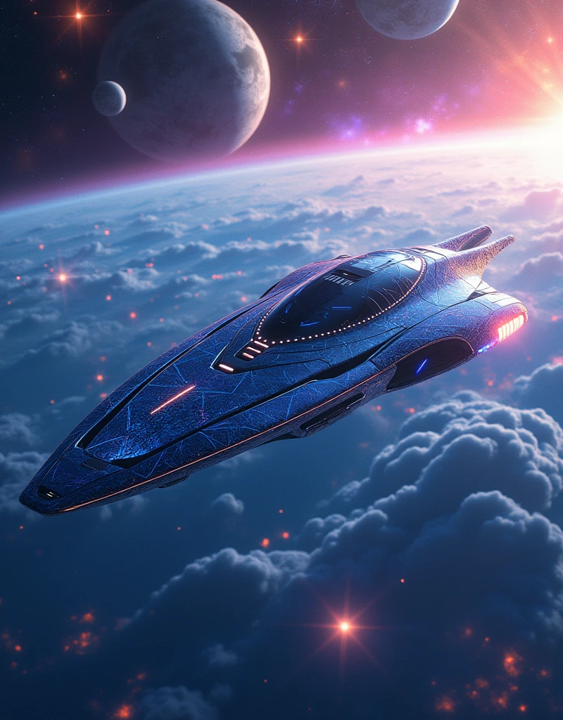 Detailed prompt for a unique and unprecedented image: "A spaceship inspired by the Star Trek universe, but with a revamped design, majestically floating near an alien planet. The ship is sleek, with futuristic metallic lines and a shiny hull reflecting chrome and electric blue, marked with luminescent geometric patterns. Around it, fine luminous particles float in space, evoking traces of quantum energy 🌌. In the background, a massive planet dominates the scene, with brilliant rings adorned with golden and purple hues. The surface of the planet is decorated with vast fluorescent oceans, crystalline continents, and enormous luminous storms in magnetic shades. Nearby suspended moons add a sense of depth, and a multicolored nebula softly illuminates the surrounding space. The contrast between the technological details of the ship and the organic, vibrant beauty of the planet creates a visual harmony, blending science fiction and cosmic art. The main tones are blue, purple, and gold, enhanced by a subtle play of stellar lights and an almost surreal shine effect. (best quality,4k,8k,highres,masterpiece:1.2),ultra-detailed,(realistic,photorealistic,photo-realistic:1.37)