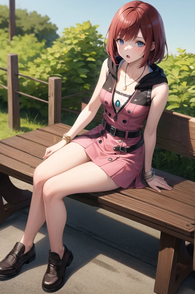 masterpiece, best quality, highres, cckairi, medium hair, necklace, bare shoulders, hoodie, buttons, sleeveless, bracelet, belt buckle, black belt, pink skirt, sitting, bench, bridge, wind, :o