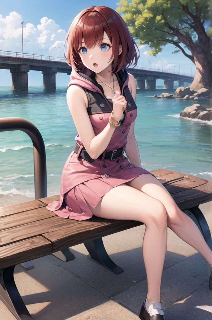 masterpiece, best quality, highres, cckairi, medium hair, necklace, bare shoulders, hoodie, buttons, sleeveless, bracelet, belt buckle, black belt, pink skirt, sitting, bench, bridge, wind, :o