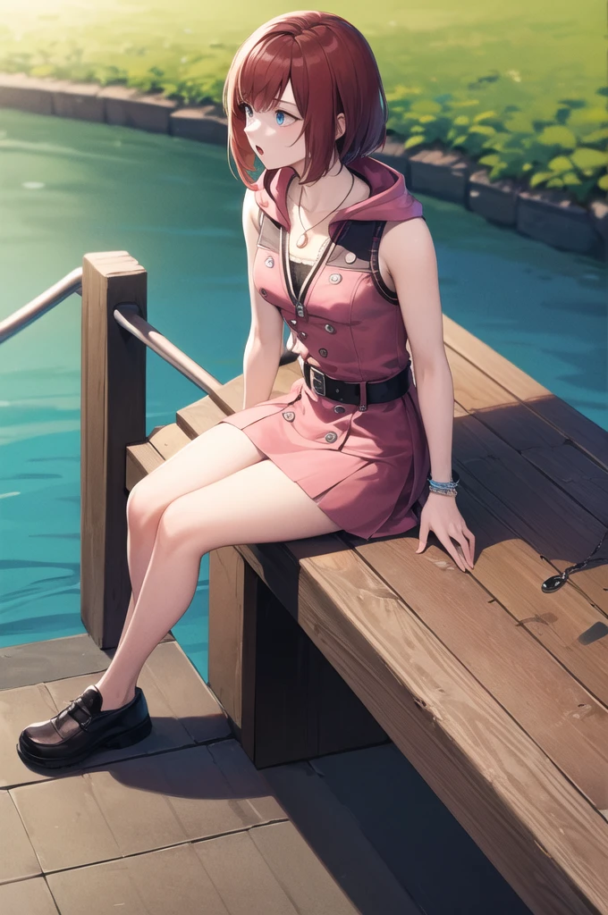 masterpiece, best quality, highres, cckairi, medium hair, necklace, bare shoulders, hoodie, buttons, sleeveless, bracelet, belt buckle, black belt, pink skirt, sitting, bench, bridge, wind, :o