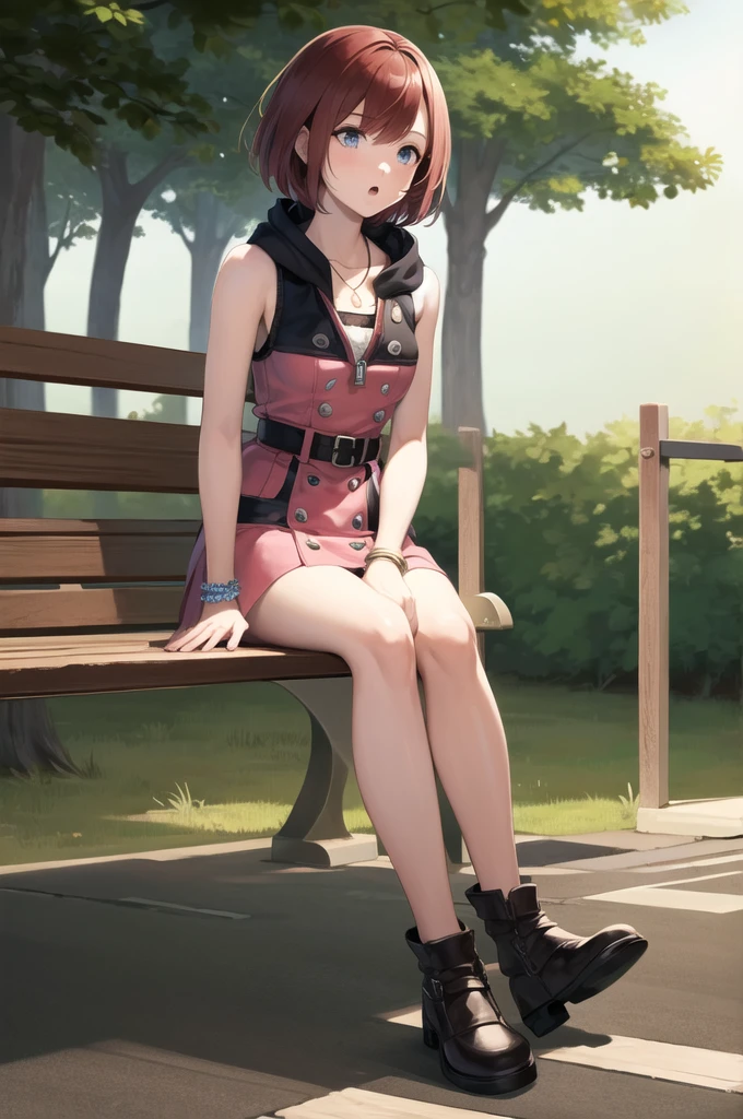 masterpiece, best quality, highres, cckairi, medium hair, necklace, bare shoulders, hoodie, buttons, sleeveless, bracelet, belt buckle, black belt, pink skirt, sitting, bench, bridge, wind, :o