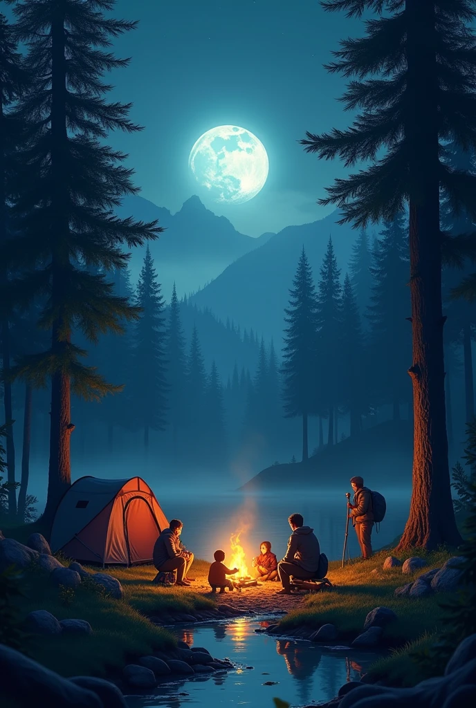 This image needs to be anime style and +18 a beautiful forest on a dark night with a lake beside it, A bonfire in the center of the forest. To the right of the bonfire is a tent large enough for four people, and there are four naked teenage boys sitting by the bonfire telling scary stories. The night is starry and the moon is full, with fireflies flying and flowers on the ground.