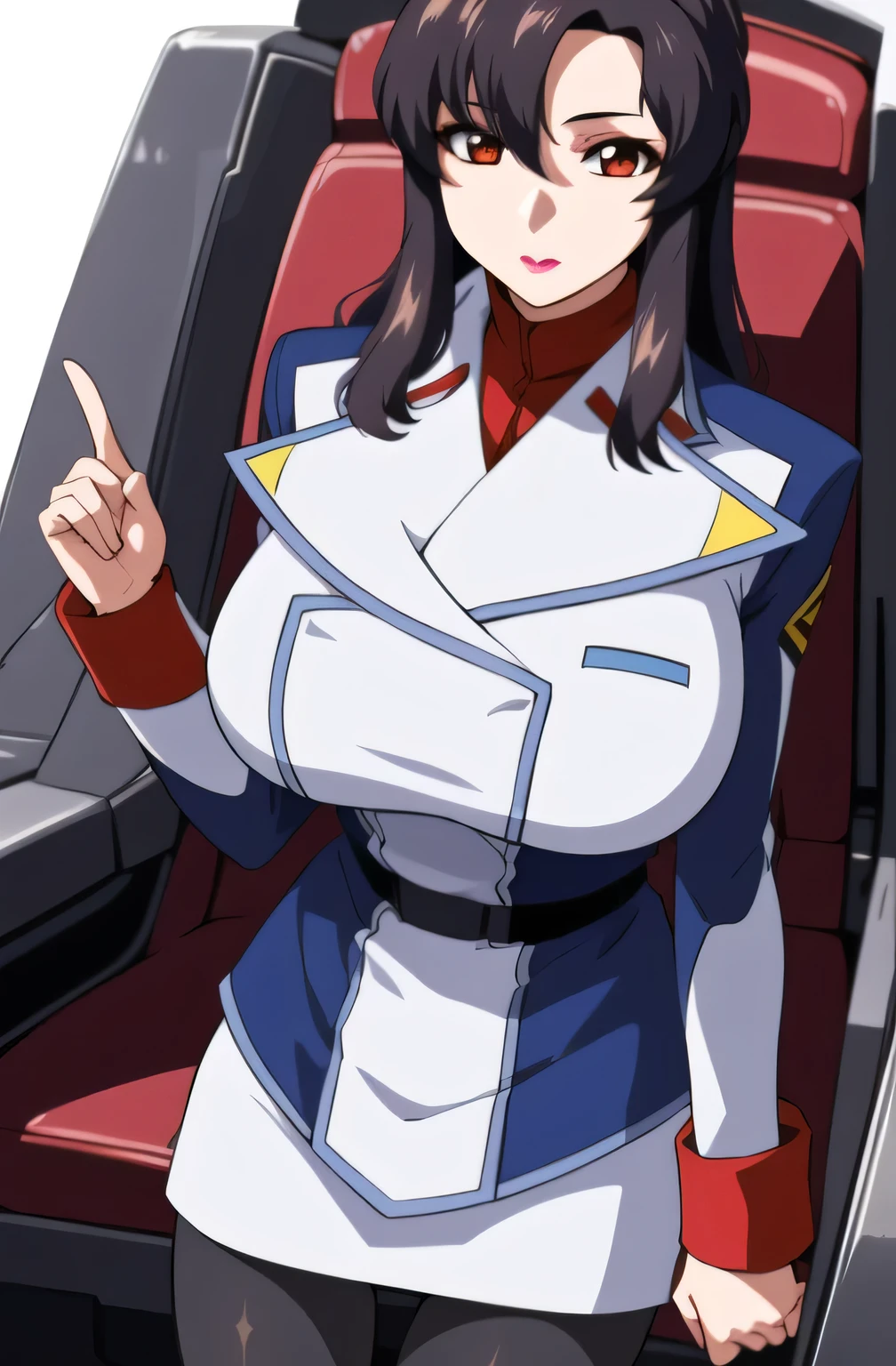 1 girl、Beautiful officer of the Earth Federation Army、short black hair，Idol-level cuteness、Accurately draw faces、Plump body，Huge breasts、Healthy Thigh Skirt Earth Federation Forces、knee height、Inside the cockpit of a space fighter、anatomically correct、Precise fingers、Photo realism，Sunlight，Smile，Smile