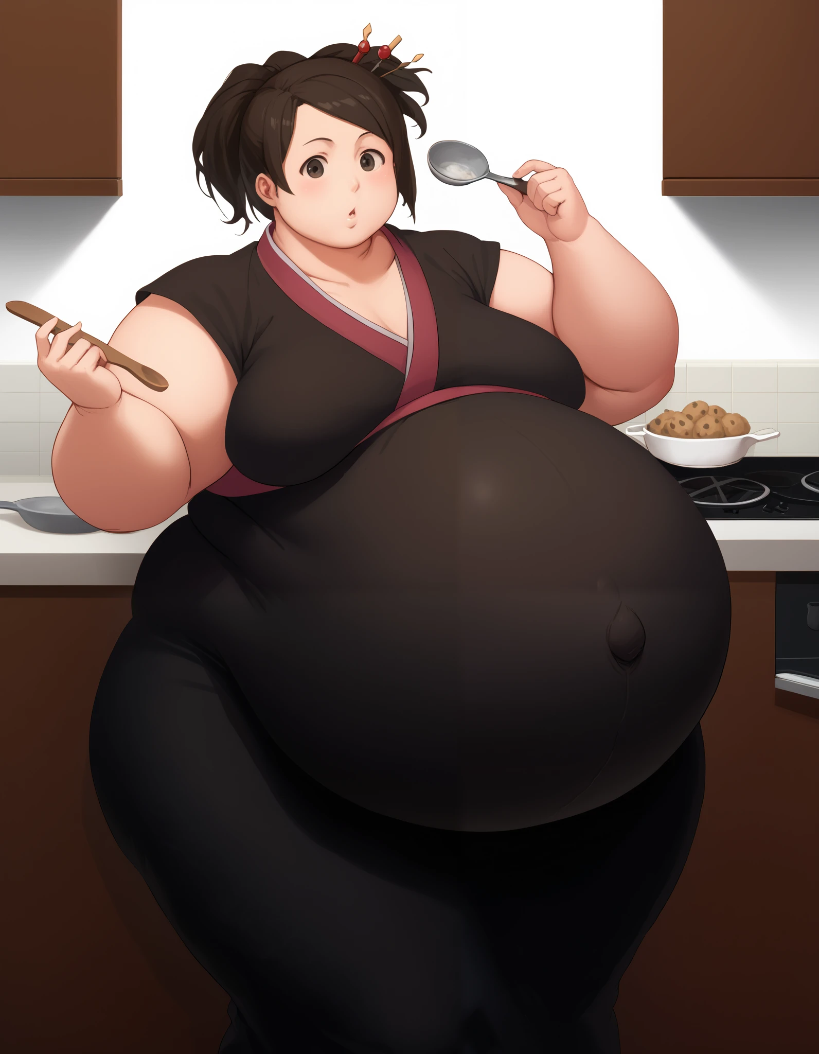 score_9, score_8, score_7, source_anime,
fuu, kimono, hair ornament, hair stick, ponytail,
1girl, kitchen, cooking, confused,extremely obese, (obese belly):1.7, (obese legs):1.5, fat rolls, SSBBW Adeline body,(thicc:0.5), (WeightImmobile:1.3), (obese:1.2) (round face:1.3), huge belly, wide hips,muffin top, pudgy, Big Baby Bump pregnant, Big boobs, Big pregnant Belly, Big Pregnant girl, Largest Belly of Pregnant, Huge Pregnancy, Huge 9 months Pregnancy Belly, huge belly expansion, huge belly girl, morbid obesity,800lbs,enormous fat belly, rolls of fat, fat thighs, Massively Bloated Abdomen, ridiculously large spherical Belly, oversized spherical stomach, ridiculously oversized pregnant belly, huge stomach