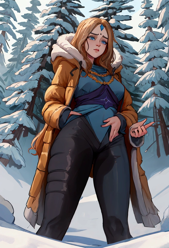 Лучшее качество Rilay from DOTA really wants to pee in the winter forest. She holds on to her crotch with all her strength, but her panties get wet. she is very embarrassed. tries to hold his crotch and avoid eye contact. У неё длинные ноги. Большая круглая  грудь. Full length photo