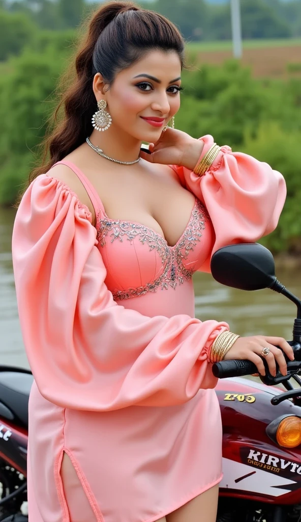 Looking at the viewer with sexy look, front view,Indian sexy bhabhi,ready for wedding, wearing strapless with embroidery bra,white satin thongs, plenty of bangles,bindi on forhead,arm bands, sitting on a bike with husband, bhabhi both hands on head showing dark armpits ,showing nipple pokies flat stomach,tits popping out,Indian mature sexy voluptuous shape figure bhabhi 35 years old, big enomours gigantic humgous breast,hair bun,big ass,big bust,big breast,showing deep huge cleavage,big fluffy breast coming out of tight string blouse,showing navel,(best quality,4k,8k,highres,masterpiece:1.2), ultra-detailed, (realistic,photorealistic,photo-realistic:1.37), detailed eyes, detailed lips, extremely detailed face, long eyelashes, realistic skin, beautiful colors, natural lighting, elegant pose, cinematic composition, detailed fabric,no jewellery