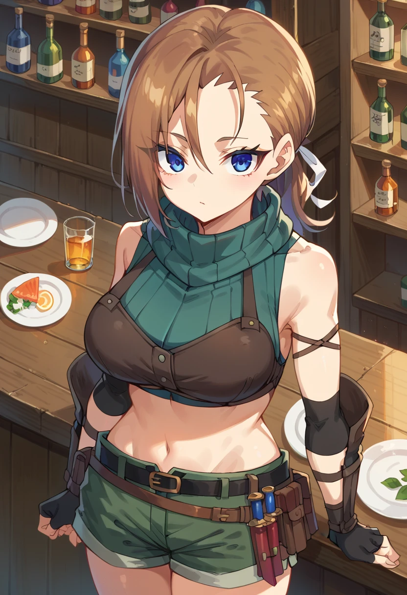 1girl, RhudaRunebeck, long hair, asymmetrical bangs, brown hair, low ponytail, short ponytail, white ribbon, blue eyes, 
turtleneck, sleeveless, ribbed shirt, green shirt, crop top, breastplate, navel, elbow gloves, fingerless gloves, black gloves, arm guards, 
black belt, belt pouch, short shorts, green shorts, 
bar