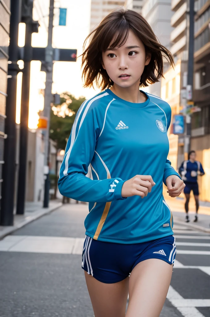 ((masterpiece)), ((photo realistic)), ((highest quality)), full body, Japanese girl, puffy face, broad jawline,big beady eyes, (no make up:1.3), (flat :1.1), light brown hair, (messy hair:1.2), very short hair, training wear,Frowning, tearful face, troubled face, laugh out loud, shiny eyes, wide shot from front , urban street, sunset, look away, running