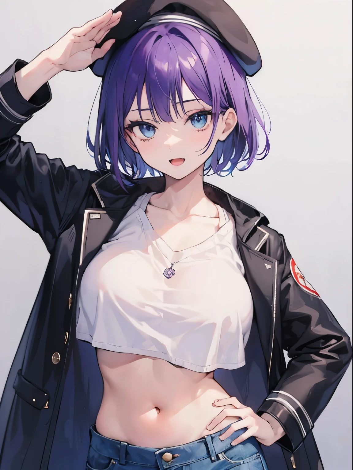 (salute, open mouth, gentle smile), 1 girl, upper body, (facing viewer, looking viewer), standing straight, (blue eyes, ((sanpaku)), (purple hair), straight hair, very short hair, large breast), ((black beret, black coat, white crop top, denim skirt)), collarbone, (gray background), Sharp Focus, (Best Quality, masterpiece, detailed, facial focus), (solo shot), navel, stomach, collarbone, (left hand on own hips)