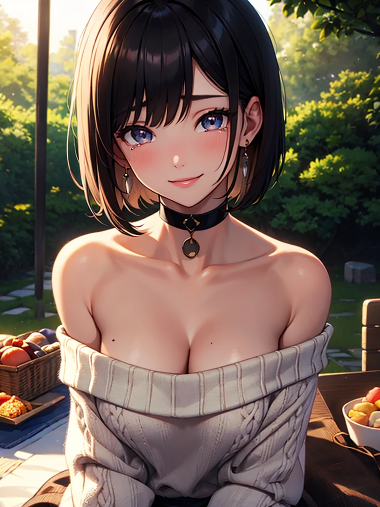  best quality, masterpiece,   ultra high resolution, Photographically,  1 girl,  Off Shoulder , knit, smile, smile,  slightly visible, Extra Large_sweater, soft lighting,  detailed skin, bangs, Picnic,  Clear Eyes ,  short bob hair, Transparency, Japan, Beautiful Women, Above the eyes,  lip gloss,   black chic choker , tears, Mole on chest,  highlights in the eyes that float out of the costume 