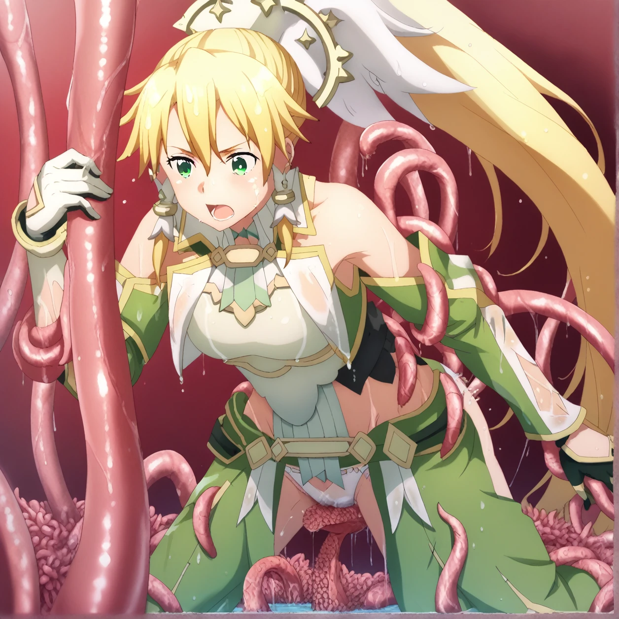 one girl, Alone, detached sleeves, suguha kirigaya, long hair, blonde hair, hair ornament, green eyes, ponytail, hair tubes, bare shoulders, gloves, white gloves, wet hair, Rub your boobs with your tentacles, wet hair , tentacles, Game CG,  best quality,  detailed eyes on board, detailed face , masterpiece, super detail,  tentacles grow from swamps ,,  puddle, brick,  tentacles go inside clothes,  open your mouth , Displeased face, cry,  wrap your tentacles around your face,  wrap the whole body with tentacles , In the hole, Rub your crotch with tentacles , suspended, tentacle sex, Brush Tentacles,  white panties 