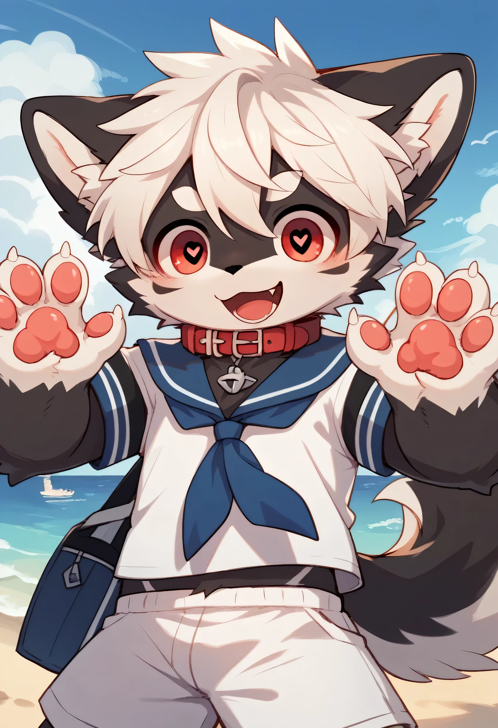  very detailed な, very detailed ,white hair with black and white fur,Age 15,male, excited to see bones , wolf fur,Excited,participate, cute face, fluffy fur like one,Horny boy,cute ears ,Fluffy Ears ,Fluffy Ears ,Show me a paw ,Red collar, cute fur boy , boy,sea, heart eye,Horny boy , black back , blush nose ,Alone,Droopy ears, white shorts ,Blue Sailor Suit