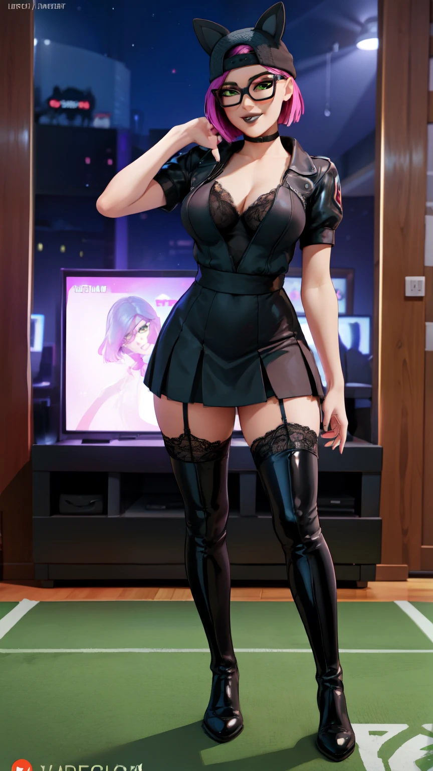 (masterpiece, 8K, HD,perfect face, high quality, best quality, extremely detailed eyes, extremely detailed body, highly detailed, expressive eyes,)) BREAK clean, cinematic lighting, cinematic bloom, cowboy shot,BREAK full body view, sexy pose, blushing, slim waist, pussy exposed, thigh gap, ((cleavege)), ((large breast)), cover nipples, BREAK blunt bangs, long hair, blush, white eyes, no pupils, hooded jacket, open jacket, long sleeves, purple jacket, fishnet undershirt, short pants, bandages, forehead protector, konohagakure symbol, mesh shirt, living room, indoors, standing, seductive smile, seductive pose, hands on breast, pixel-hinata,