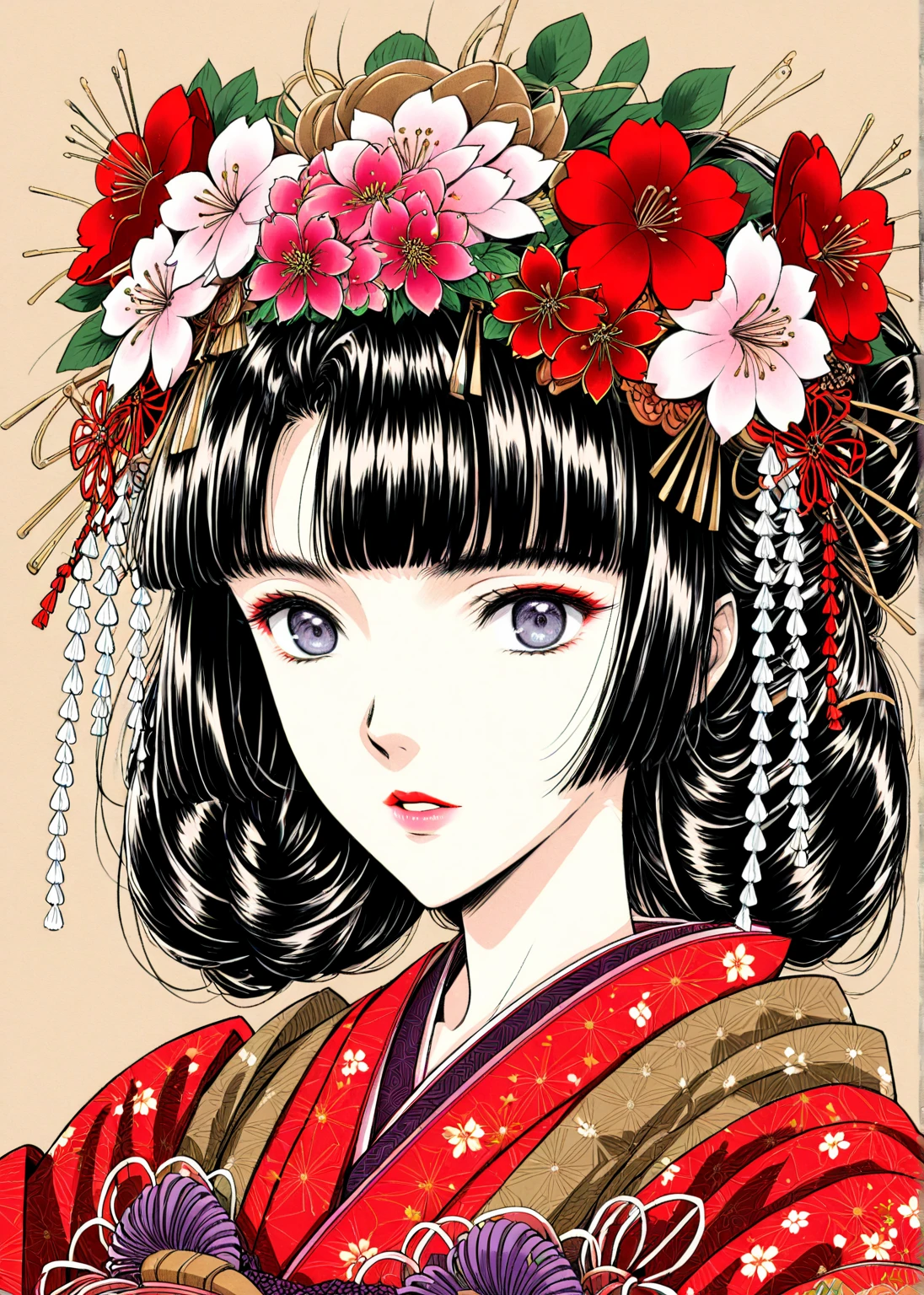 A  princess wearing a red kimono and a flower crown, Traditional Japanese, traditional geisha clothing, Japanese women, Wearing Imperial Kimono, japanese geisha, geisha photo portrait, female geisha girl, elegant Japanese women, Japanese Kimono, In kimono, Traditional beauty, Wearing kimono and armor, portrait of geisha, wearing a haori, geisha　She gets an old man&#39;s dick shoved in her pussy