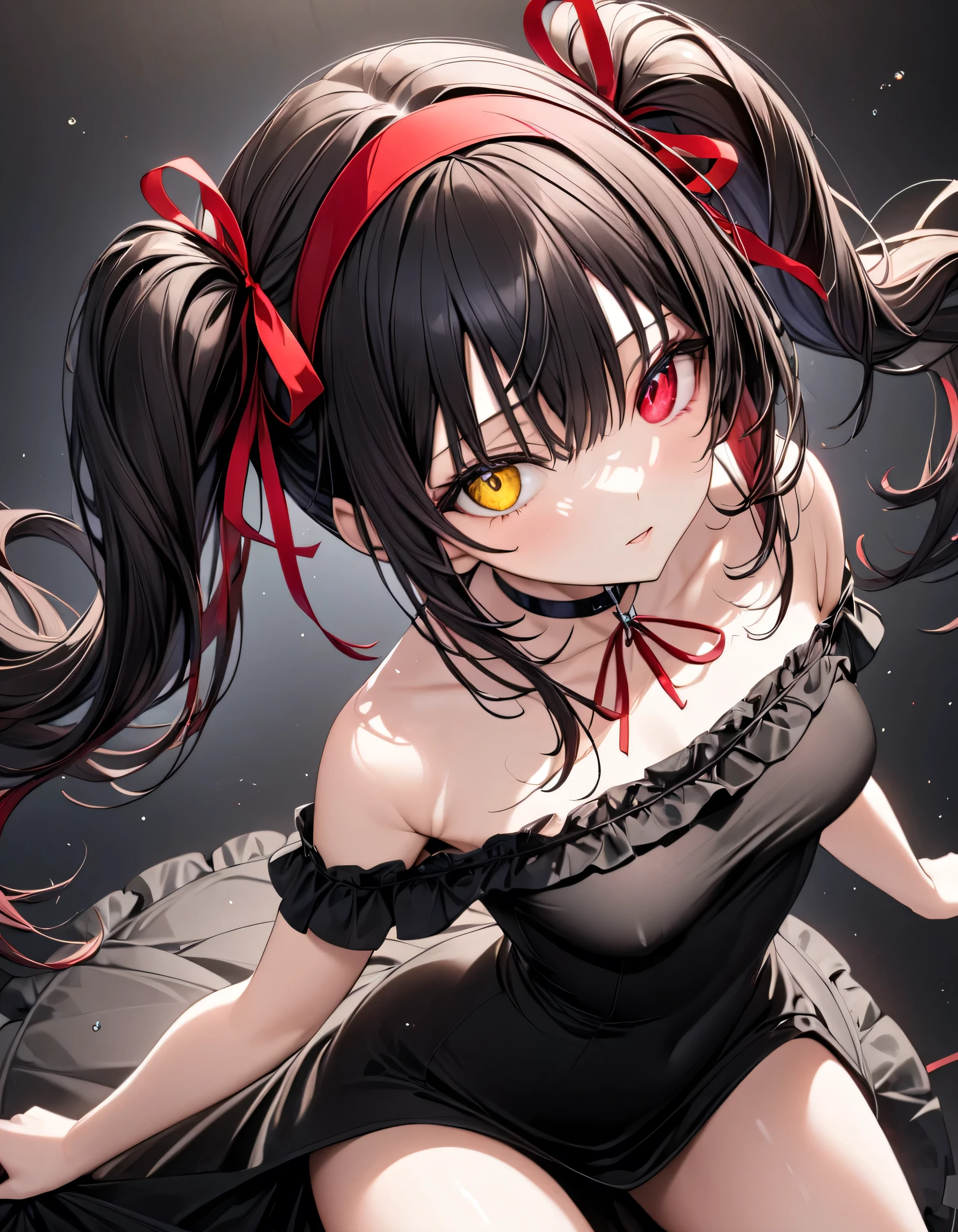 masterpiece, Top quality ï¼ 1 girl, Tokisaki_walnut, Alone,  twin tails, breast, clock_eye, length_hair, black_hair, yellow_eye, red_eye,  Heterochromia , ,  clevis,  medium_breast, hairband, ****FACING_fashion, ****FACING_hairband, symbol-shaped_student, floating_hair, clavicle,  choker, ribbon, Naked_ shoulders , red_ribbon,  dress,Fully nude