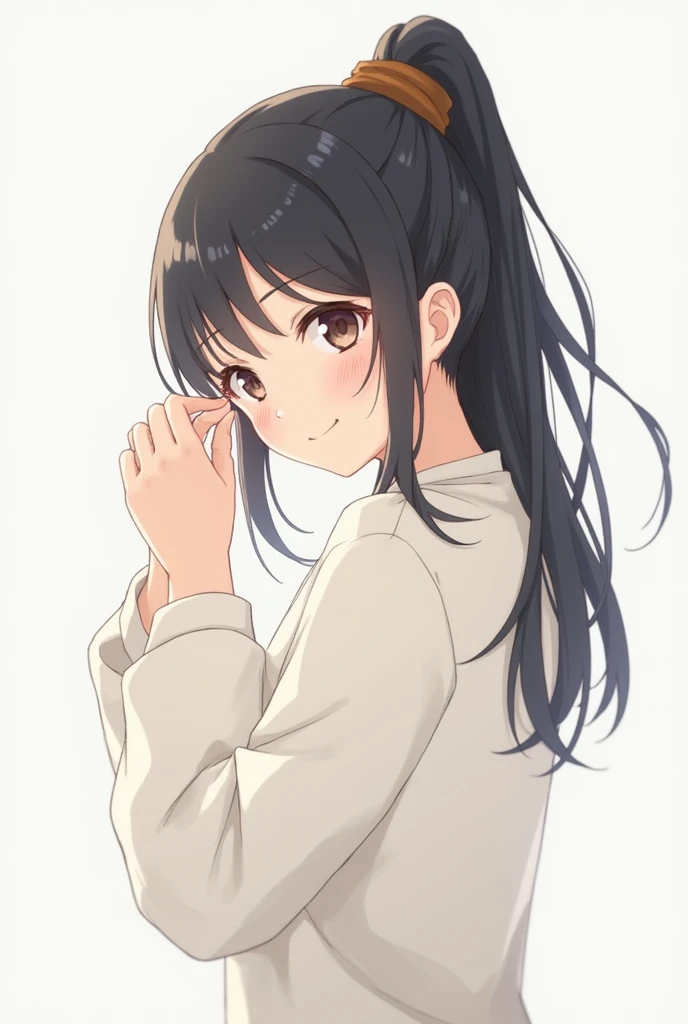 Please draw a high school girl with long brown hair.。wearing a white shirt。Standing with the whole body facing forward。The face is smiling with the mouth closed。Keep your arms down at your sides。Please shoot from the head to the upper body。No pose needed。Plain white background、Remove light and shadow effects。